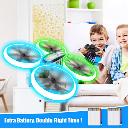 AVIALOGIC Q9s Drone for kids with altitude hold and headless mode, RC Quadcopter with blue & green lights and 2 batteries, toy drone for children and beginners.