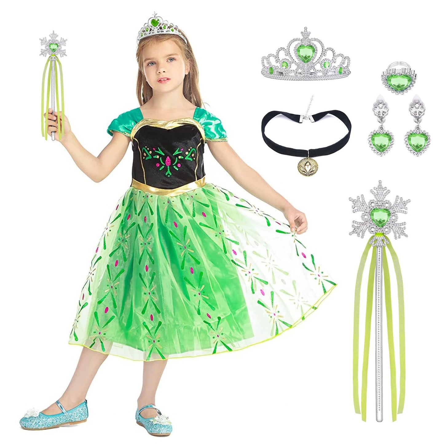 "URAQT Girl Costume Dress, Kids Princess Costume for Carnival Party Cosplay Disguise Halloween Celebration Birthday, with Accessories Crown Wand, 130CM"