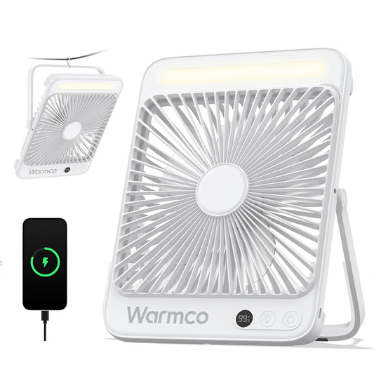 Warmco 20000mAh Portable Camping Fan 27cm with LED light, Ultra-Quiet, Thin, Digital Display, Up to 48H Runtime for Outdoor, Travel, Office, Bedroom