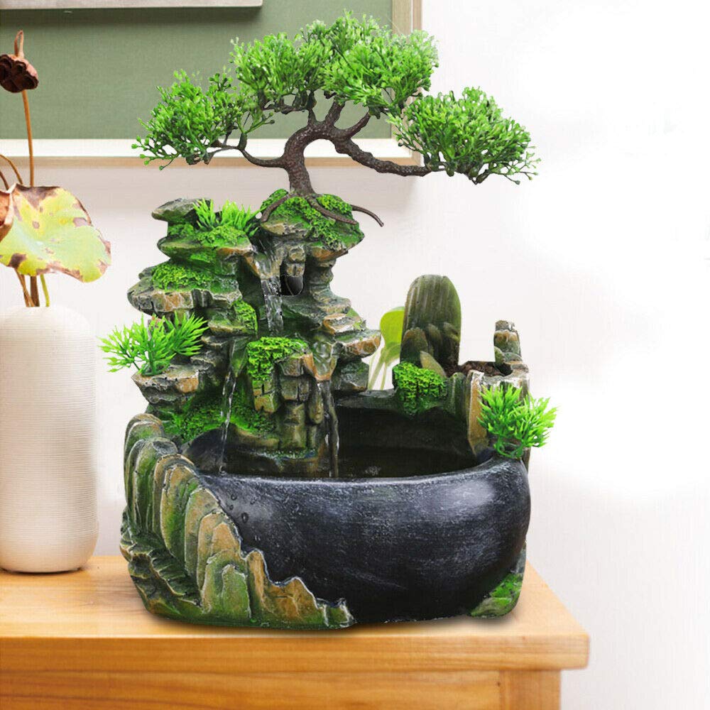 TFCFL indoor tabletop fountain green plant garden fountain outdoor fountain with LED lighting waterfall decoration (no mist)