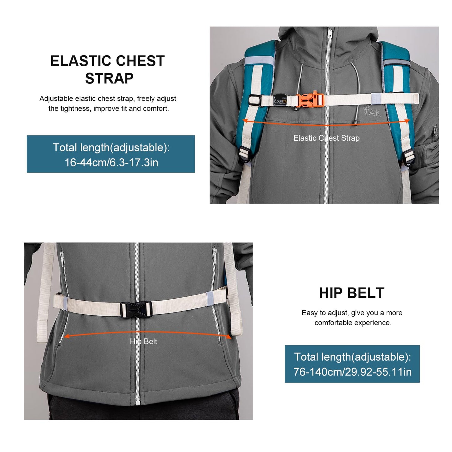 Mountaintop 35L hiking backpack for men and women. Ideal for camping, hiking, cycling, and day trips. Includes rain cover. Dimensions: 55x30x18cm.