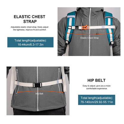 Mountaintop 35L hiking backpack for men and women. Ideal for camping, hiking, cycling, and day trips. Includes rain cover. Dimensions: 55x30x18cm.