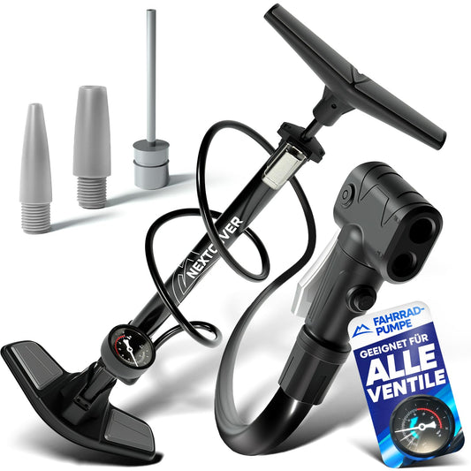 NEXTCOVER® Bicycle Pump with Airflow Technology - suitable for all valves including auto, Presta, and Dunlop. Features a built-in pressure gauge for accurate inflation. Ideal for all types of bicycles.