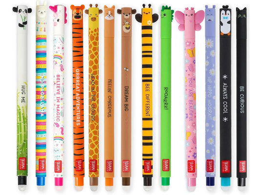 LEGAMI set of 13 erasable gel pens in various ink colors: Panda, Lama, Unicorn, Tiger, Giraffe, Corgi, Teddy, Bee, Dino, Butterfly, Hippo, Penguin, and Kitty.