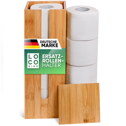 Loco Bird bamboo toilet paper holder - storage for 4 rolls - freestanding toilet paper holder with lid, wooden toilet paper storage, toilet paper roll holder.