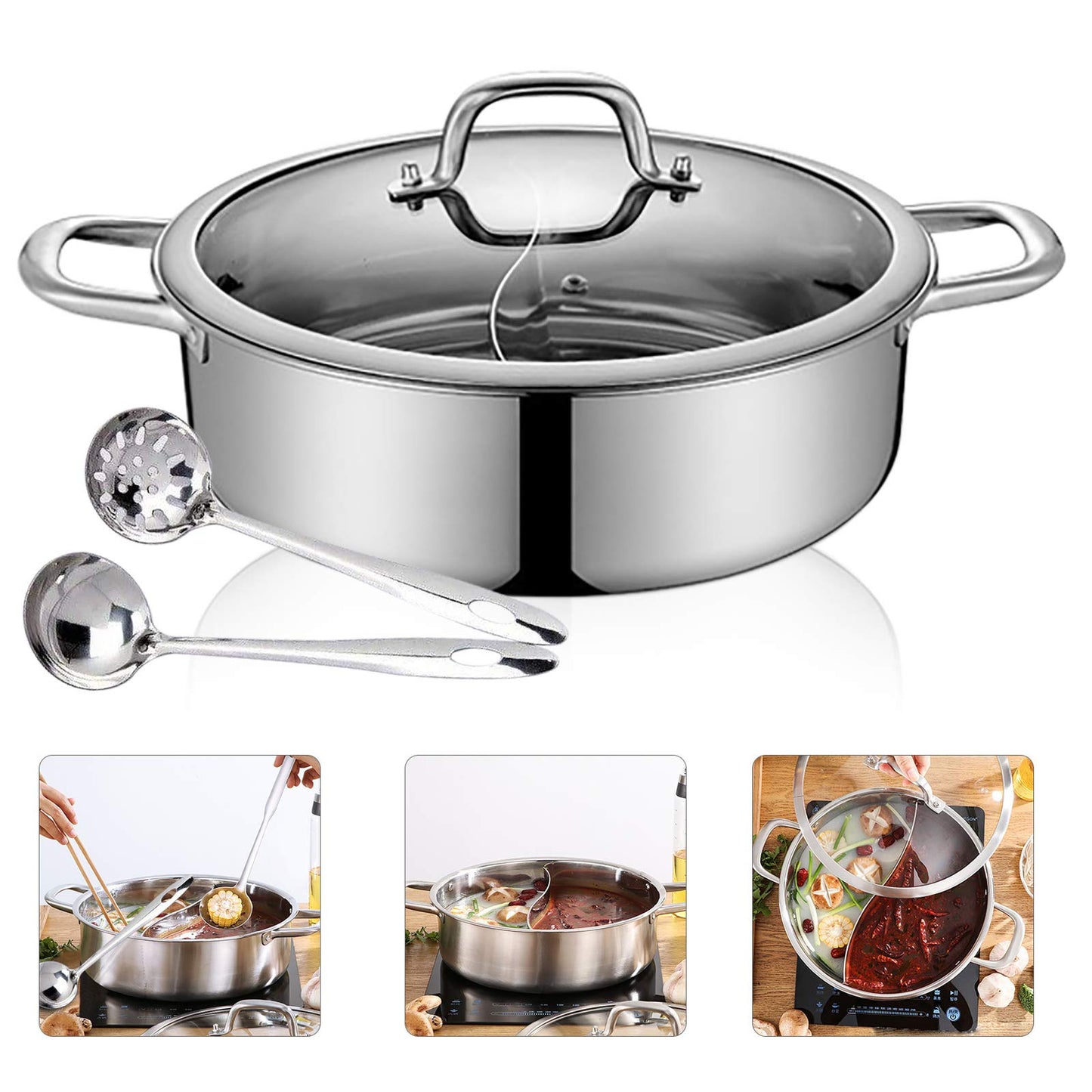 HuKaiL 304 stainless steel food grade Shabu 32cm, Shabu Mandarin Duck Hot Pot with divider and lid, S-Type stainless steel hot pot for induction cooker and soup cooker.