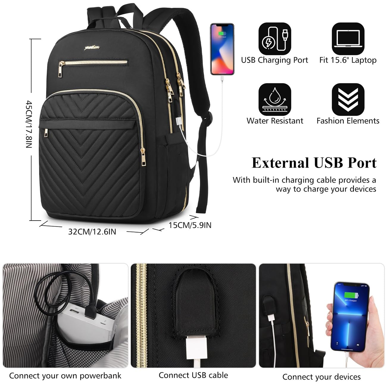 YAMTION Backpack for Women, School Backpack for Girls Teenagers, Female School Bag with 15.6 inch Laptop Compartment, USB Port for Work Office Study School City University