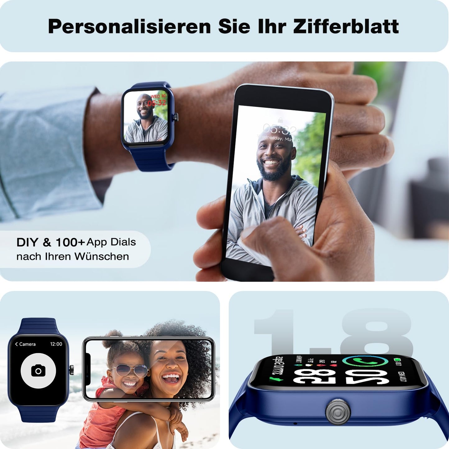Smartwatch for men and women with phone function Alexa integrated - Fitness watch 100+ sports modes - Smartwatch 1.8 inches & IP68, pedometer watch for Android iOS with heart rate monitor SpO2 stress sleep monitor - blue