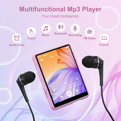 64GB MP3 player with Bluetooth 5.3, 2.4 inch full touchscreen, portable music player with HiFi lossless digital audio, speaker, FM radio, E-Book, supports up to 128GB. Available in pink.