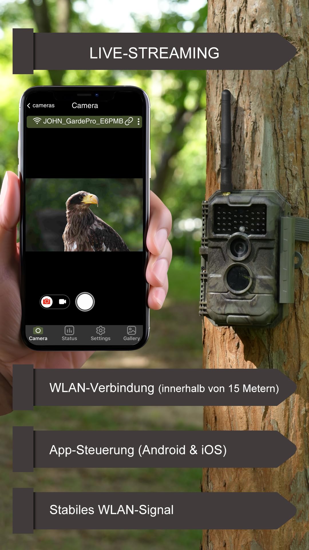GardePro E6P Max wildlife camera with WiFi, rechargeable 8000mAh battery, built-in SD card, 64MP 1296P resolution, E6PMB game camera with motion sensor night vision, mobile transmission.
