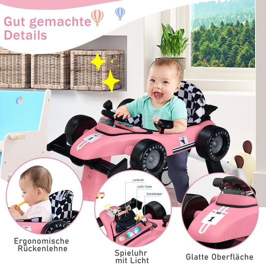 COSTWAY 4 in 1 walker, foldable and adjustable height & speed baby walker shaped like a car with music box, lights & wheels for babies 6 months and up, maximum weight 12kg (Pink)