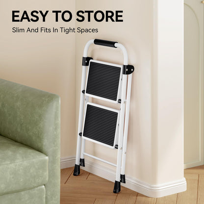 KINGRACK 2-Step Ladder, Step Ladder with Handrails, Folding Step Stool, Folding Step Stool for Adults with Handle, Household Ladder Anti-Slip Stable and Wide Pedal, White
