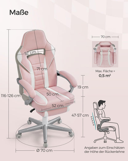 SONGMICS Office Chair with Adjustable Footrest, Headrest, Lumbar Pillow, Height Adjustment, Ergonomic Design, Reclining Backrest, Supports up to 150 kg, Pastel Pink and Cream White OBG073P01