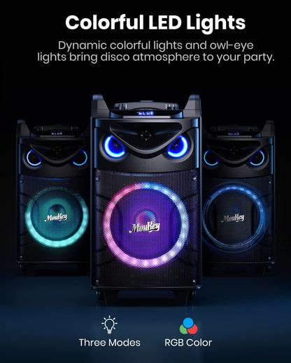 Moukey Karaoke Machine, Large karaoke system with 26cm woofer & 8cm tweeter & 2 microphones, Rechargeable Bluetooth speaker with light effect tablet holder TWS/Rec/AUX/USB/TF/FM for party.