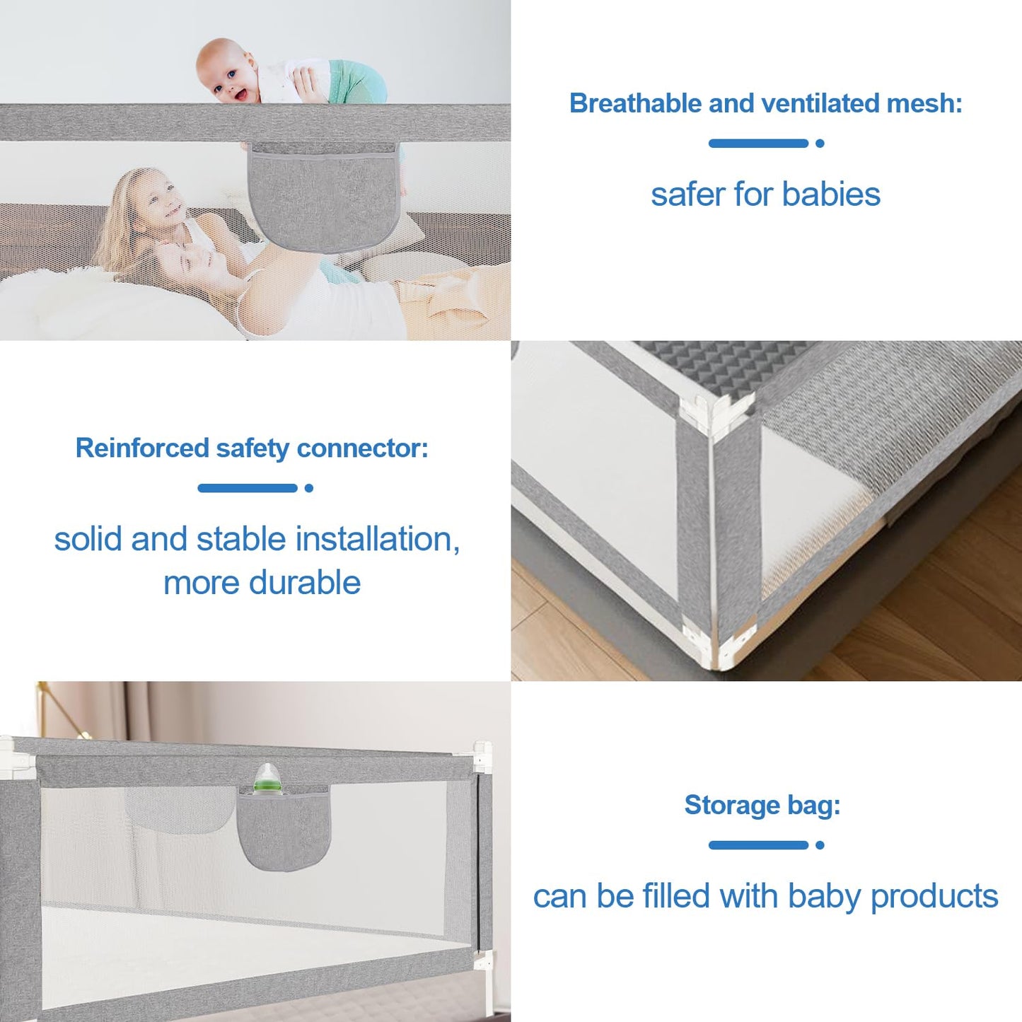 Jopassy Bed Rail 180cm Bed Guard for Kids, Bed Rail for Kids, Baby Guardrail sturdy design, airy Baby Guardrail for young children Grey