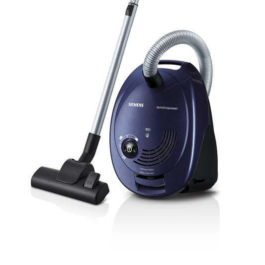 Siemens bagged vacuum cleaner synchropower VS06A111, canister vacuum, hygiene filter, floor nozzle for hard floors and carpets, powerful suction, long cord, crevice tool, 600 W, blue.