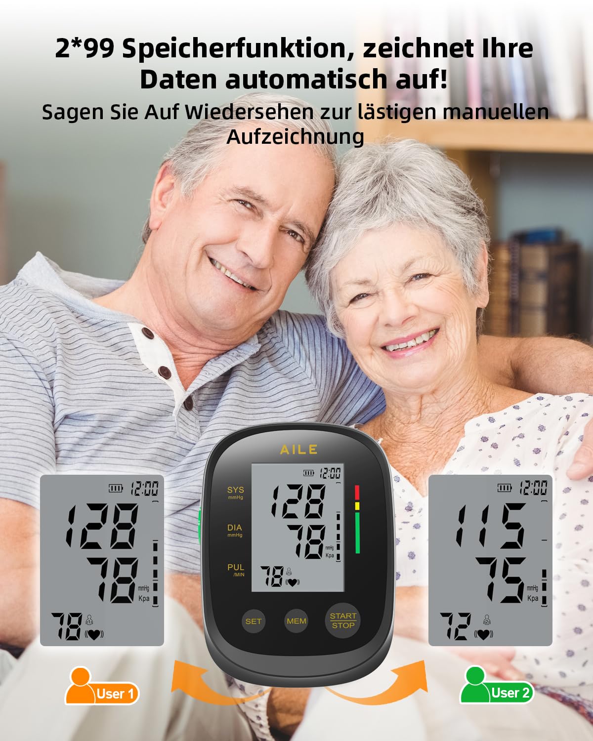 AILE home use blood pressure monitor, upper arm blood pressure monitor, fully automatic, with large cuff (22-42cm), 2 * 99 memory, easy to use