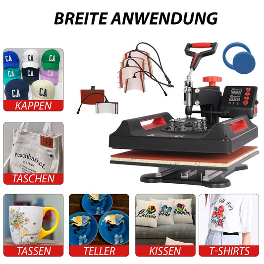 5 in 1 Heat Press Machine 38x38cm T-shirt Press Machine Heat Transfer Machine 360 Degree Rotatable DIY Heat Press with Digital LED Temperature and Time Controller.