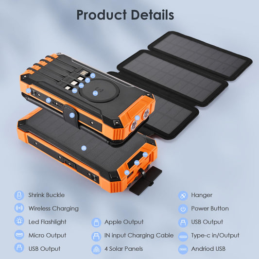 Sckolaink Solar Powerbank, 32000mAh with 4 charging cables, wireless charging, USB/Type-C input, 2 outputs, LED flashlight. Solar charger for phones and tablets.
