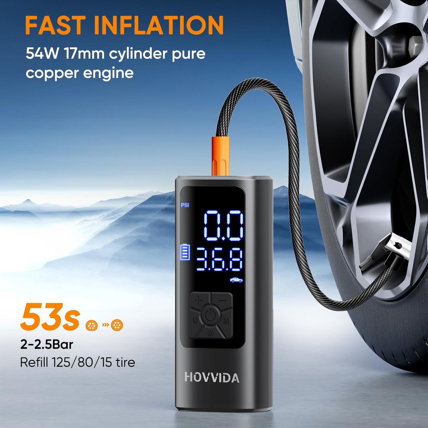 HOVVIDA Electric Air Pump Portable Bike Pump Electric Mini Tire Pump 150 PSI (10.3 Bar) 5V, Auto Shut-Off, 5200 mAh, LED, for Car, Motorcycle, Bike, Ball