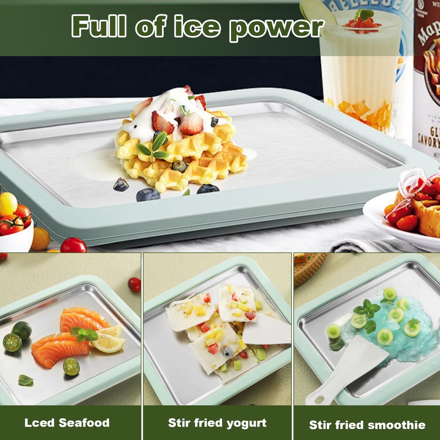 Cozlly ice plate for making ice, Rolled Ice Cream Maker, Ice Plate for Ice Rolls, Ice Cream Machine, Ice Cream Rolls plate with 2 spatulas for kids, home, family, gelato, sorbet, frozen yogurt.
