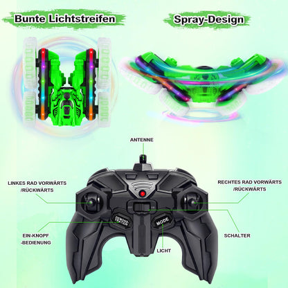 MidiVix Remote Control Car, 360° rotating 4WD RC Car with side lights and headlights, 2.4Ghz Double-sided RC Stunt Car with Spray, RC Drift Toy Car and Gifts for Kids (Green)