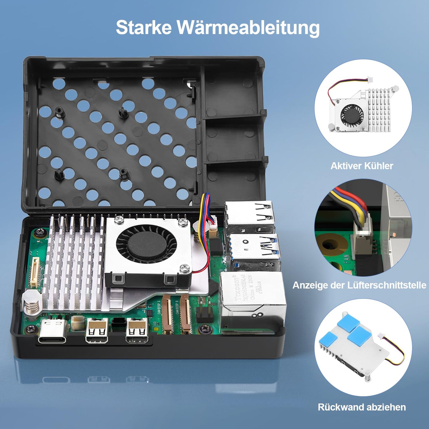 RasTech Raspberry Pi 5 8GB Kit 64GB Edition with Active Cooler, 27W 5.1V5A USB-C power supply, Pi5 8GB board, 64GB card reader kit, Pi 5 case, dual 4K micro HDMI cable, and user manual.