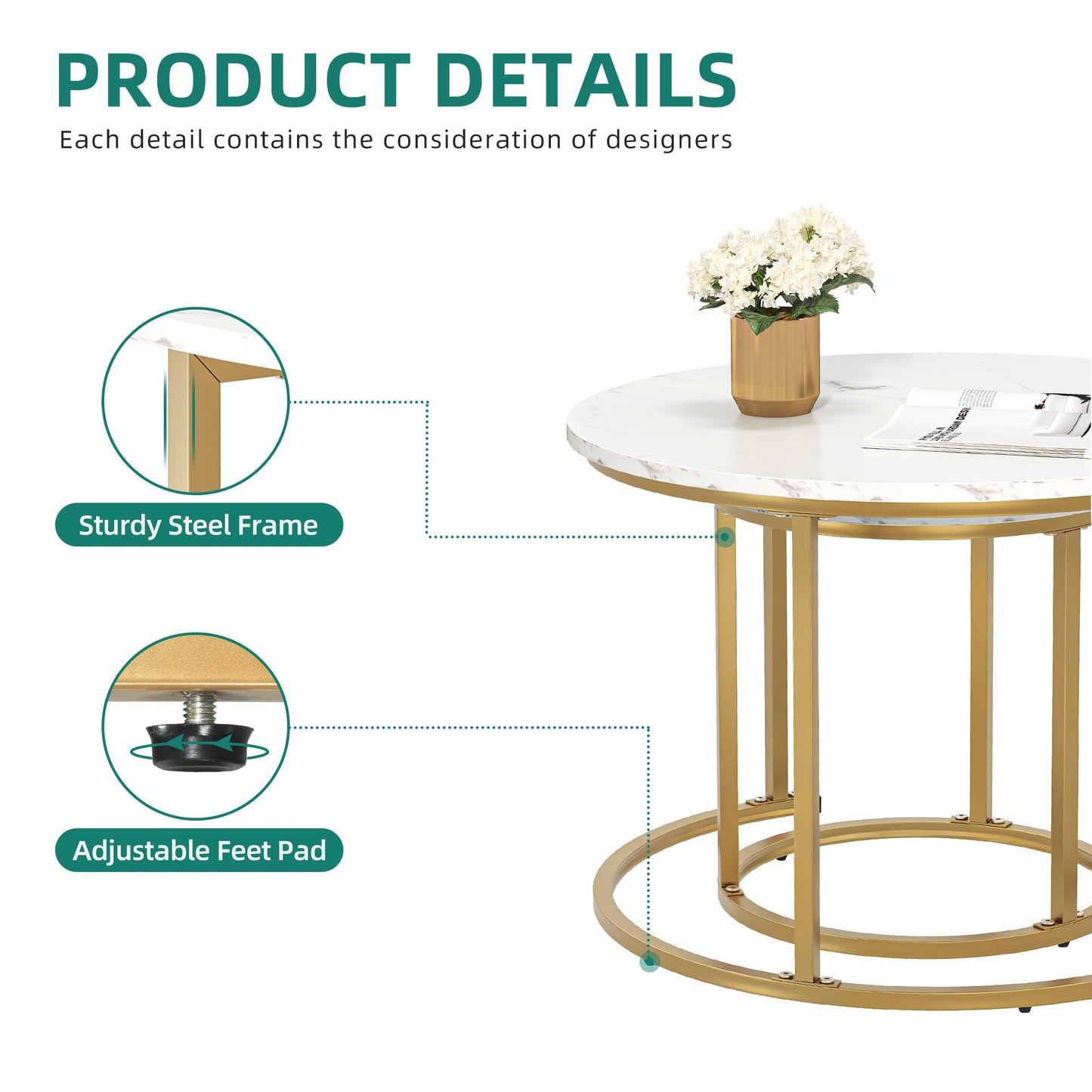YITAHOME 2-piece Round Coffee Table Set, Modern Living Room Table, Stackable, with Storage Space, Wood Top, Metal Frame, Side Table, Cocktail Tea Center Table for Living Room, Home Office, White