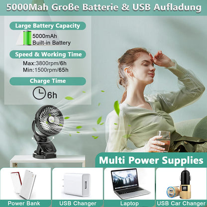 Upgraded mini USB clip fan with 5000mAh 2 in 1 table fan clip fan, auto-oscillating, quiet, stepless speed USB rechargeable portable fan for office camping Ø14.5cm