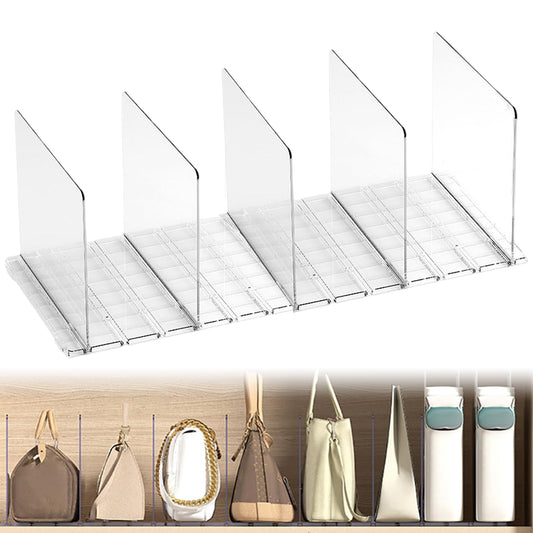5 transparent plastic shelf dividers for cabinets, perfect for handbags, wallets, clothing, and more. Removable and ideal for organizing bedroom, kitchen, or office cabinets.