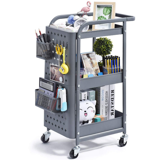 Kingrack rolling cart, 3-tier metal rolling cart, slim kitchen cart, multipurpose cart for kitchen cosmetics, shelf cart with perforated plate, wheels, hooks, baskets, handles, locking casters, serving cart for office, garages.