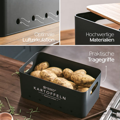 Homety Potato Storage Box [3 Pack] - Keeps Vegetables Fresh Longer - Ideal Way for Onion, Potato, and Garlic Storage (Black)