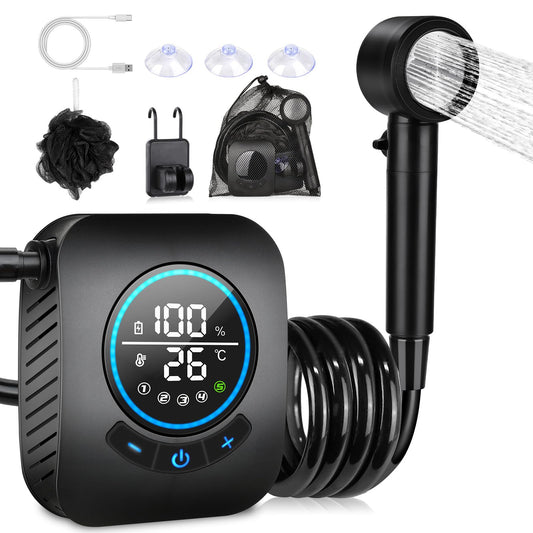 Spopal Camping Shower, [8000mAh] Portable Camping Shower with Pump and Temperature Display, Mobile Outdoor Shower Set with Shower Head and 2M Hose for Camping, Garden, Car Washing, Beach, Travel, Pet.