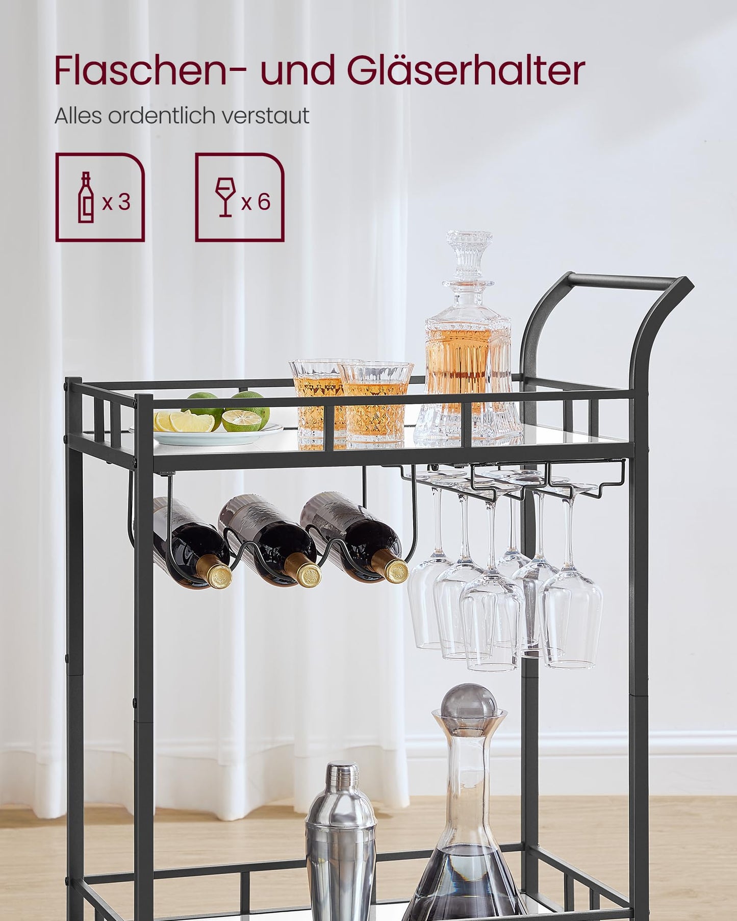 VASAGLE Bar Cart, Rolling Cart, Glass Holder, 2 Mirrored Glass Shelves, Wine Cart, for Kitchen, Dining Room, Bar, Black LRC092B62