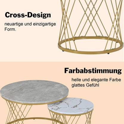 Modern Round Coffee Table Set of 2, Side Table Set, Coffee Table Set Marble Veneer Sofa Side Nest of Tables Round End Tables, Set of Tables for Living Room Bedroom, Gold Frame (White + Gray)