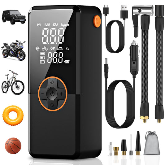 Electric air pump, electric pump with 10000mAh battery, 150PSI portable mini compressor with pressure gauge, electric bike pump with digital LCD screen for bikes, motorcycles, cars & balls.