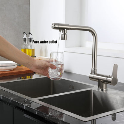 SJQKA-3 Way Kitchen Faucet, In-front-of-window Kitchen Tap, 360° Rotatable Kitchen Tap, 3 In 1 Mixing Faucet for Water Filter, Made of High Quality Brass (Brushed)