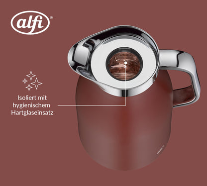 alfi SKYLINE 1.0l, med. red matt, stainless steel insulated carafe with hygienic hard glass insert, twist closure with convenient push button, ergonomic handle, one-hand operation, perfect for serving coffee or tea.