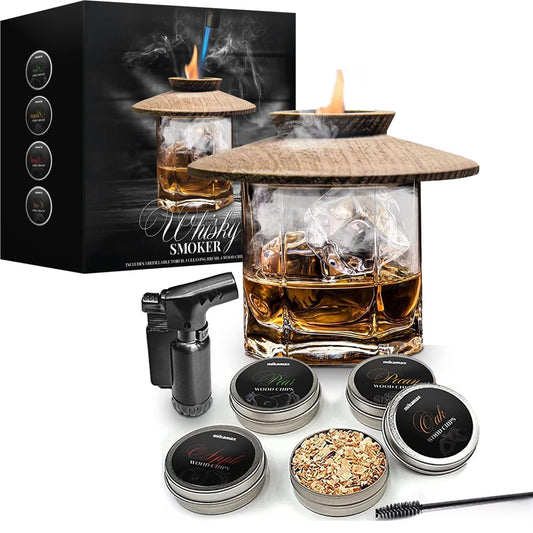 MikaMax Whiskey Smoker Set - Cocktail smoker for smoked whiskey, 4 flavors of smoking chips, with jet lighter, wood, and stainless steel - perfect Father's Day gift, cocktail accessory for whiskey, bourbon.