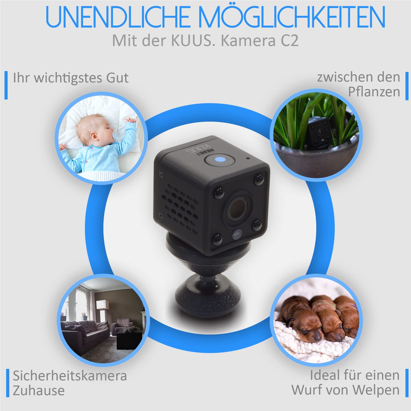 KUUS C2 Mini Camera with motion sensor: compact and mini indoor surveillance camera, live transmission on mobile and WiFi camera, WiFi APP mini camera with recording | Updated New 2024 !