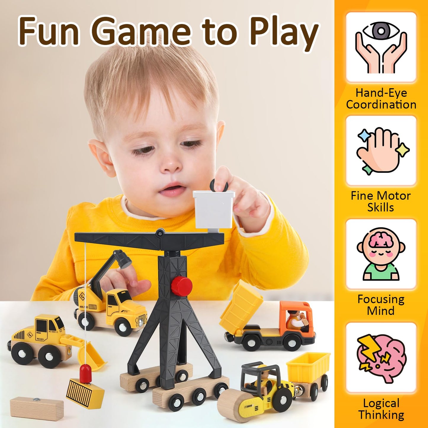 Vanplay construction vehicles kids crane toy wooden construction site toy for 3 years old boy with tower crane excavator crane truck dump truck road roller gift 3 4 5 years old boy