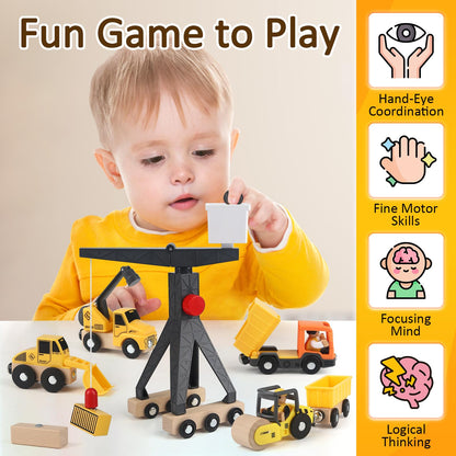 Vanplay construction vehicles kids crane toy wooden construction site toy for 3 years old boy with tower crane excavator crane truck dump truck road roller gift 3 4 5 years old boy