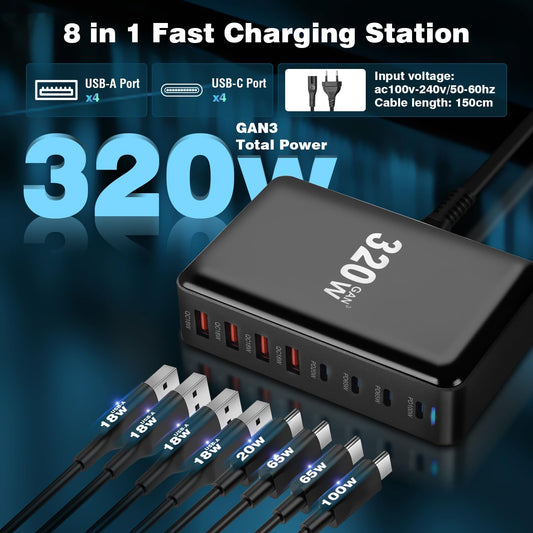 320W USB C charger multiple, 8 ports USB quick charger USB charging station with 5 USB-C and 3 USB-A Charger PD PPS 100W USB C power adapter for MacBook Pro/Air, iPad Pro/Air, Samsung