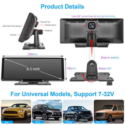 Podofo Wireless Apple Carplay Android Auto Portable Car Radio, 9.3-inch HD touchscreen car radio for cars/SUVs/vans/pickups and trucks, dash cam & rearview camera & 64G TF card.