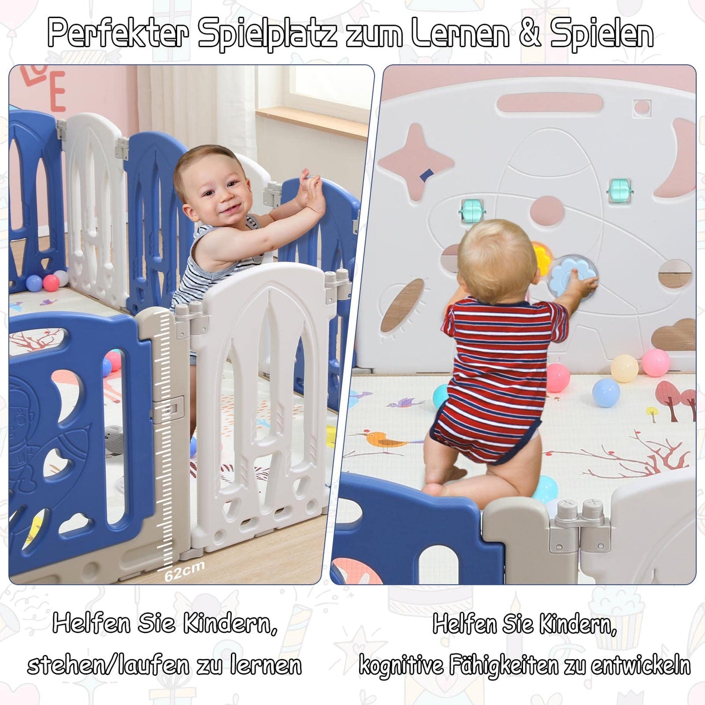 NAIZY Playpen for Baby 12+2 foldable Playard with Toy Panel & Door Panel Crawling Grid Non-slip HDPE Safety Gate Playpen for Kids Indoor and Outdoor, Blue+White