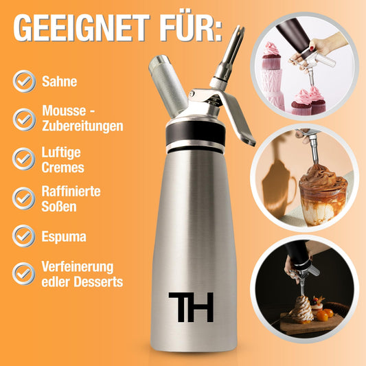Thiru Cream Whipper incl. Stainless Steel Toolbox 500ml - Rating "excellent" - 100 days trial - Cream siphon with eBook & 5 stainless steel nozzles - Cream siphon for whipped cream, espuma & warm dishes.