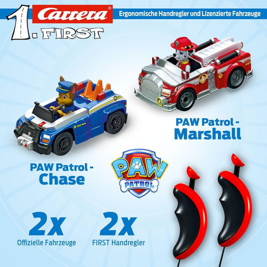 Carrera 369-3033 FIRST PAW PATROL On the Track 2.4m Race Track Set | 2 remote-controlled vehicles featuring Chase and Marshall | includes hand controller & track pieces | toy for kids 3+ years old
