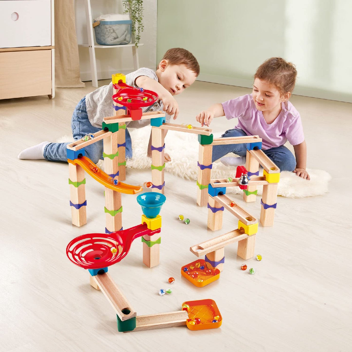 Hape Marble Run, construction toy made of FSC wood, ball track for ages 3 and up, $110.