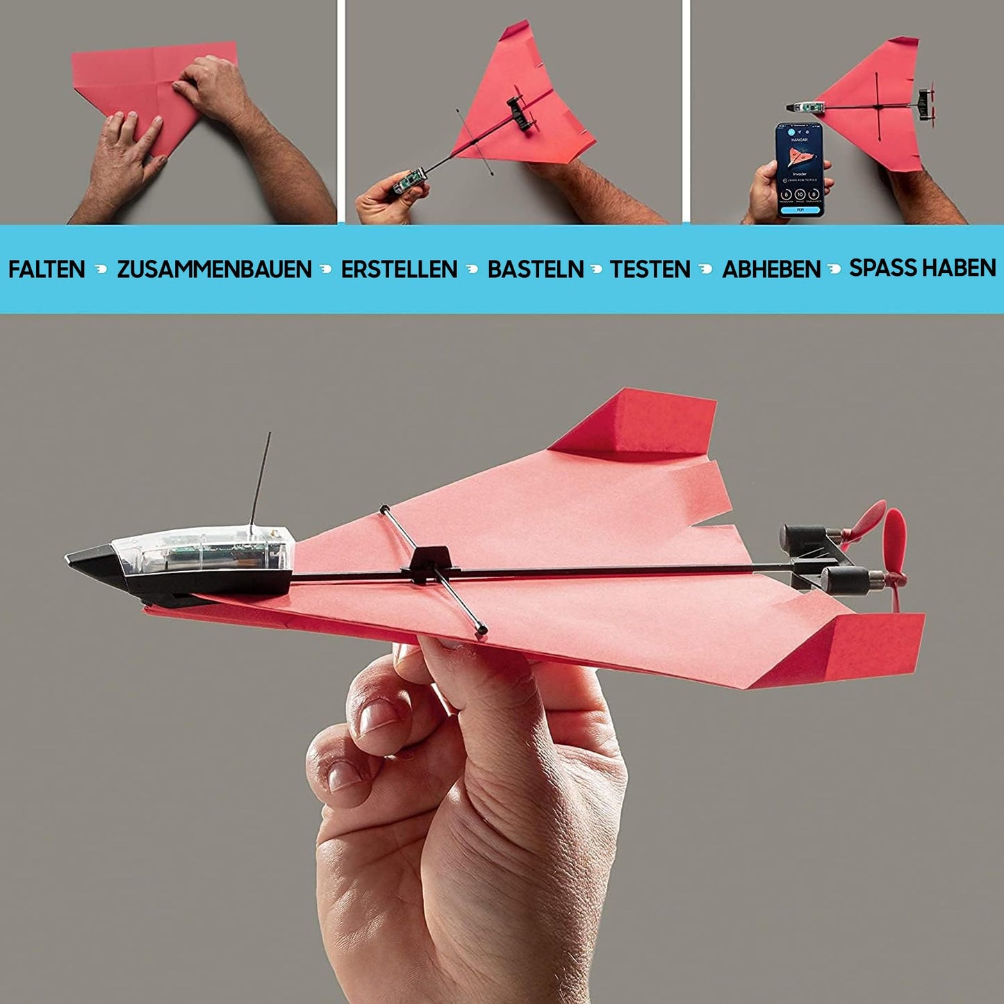 POWERUP 4.0. Smartphone-controlled paper airplane set of the next generation. Easy to use with autopilot function and integrated gyroscope. For all hobbyist flyers and enthusiastic pilots.