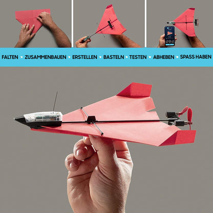 POWERUP 4.0. Smartphone-controlled paper airplane set of the next generation. Easy to use with autopilot function and integrated gyroscope. For all hobbyist flyers and enthusiastic pilots.